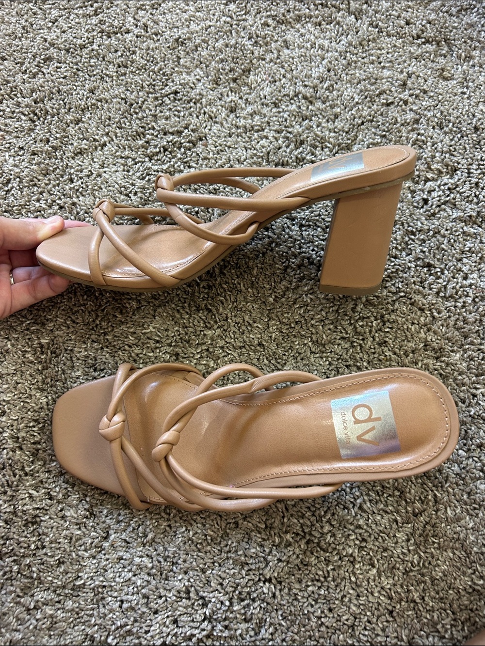 DV by Dolce Vita Nude Tan Knotted Strappy Block Heel Mules